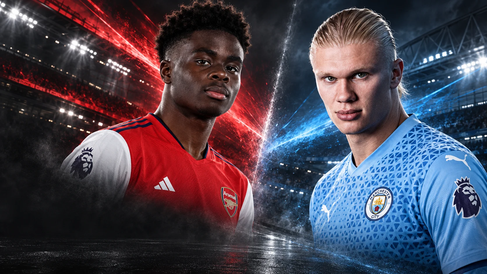 AI editorial portrait of Bukayo Saka and Erling Haaland in Arsenal red and Manchester City blue
